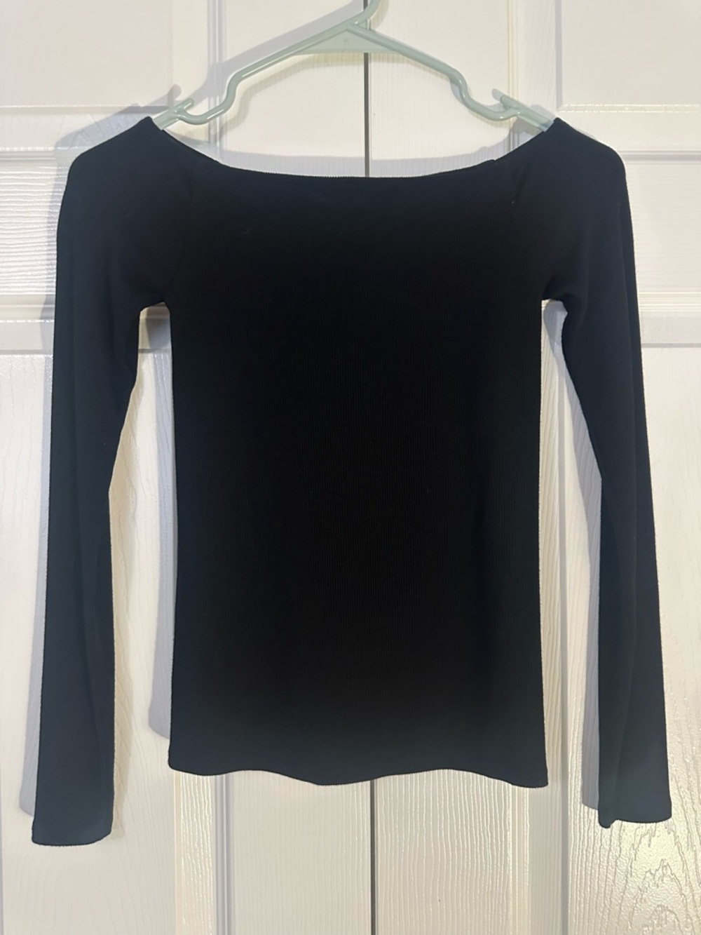 Enza Costa Black Long-Sleeve Ribbed Boatneck Top